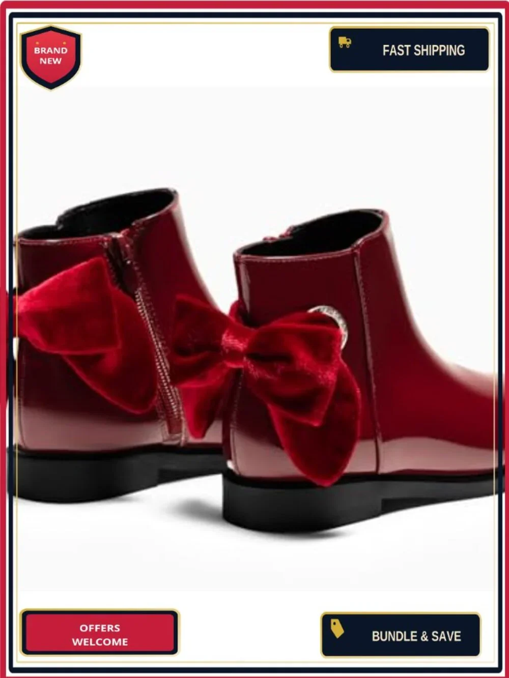 Girls Ankle Boots Chunky Low Heel Side Zipper Dress Booties with Bow